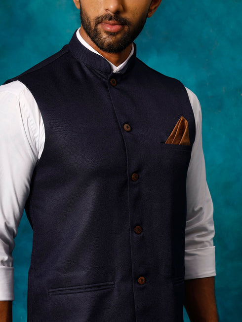 Vastramay Men's Navy Blue Woven Nehru Jacket